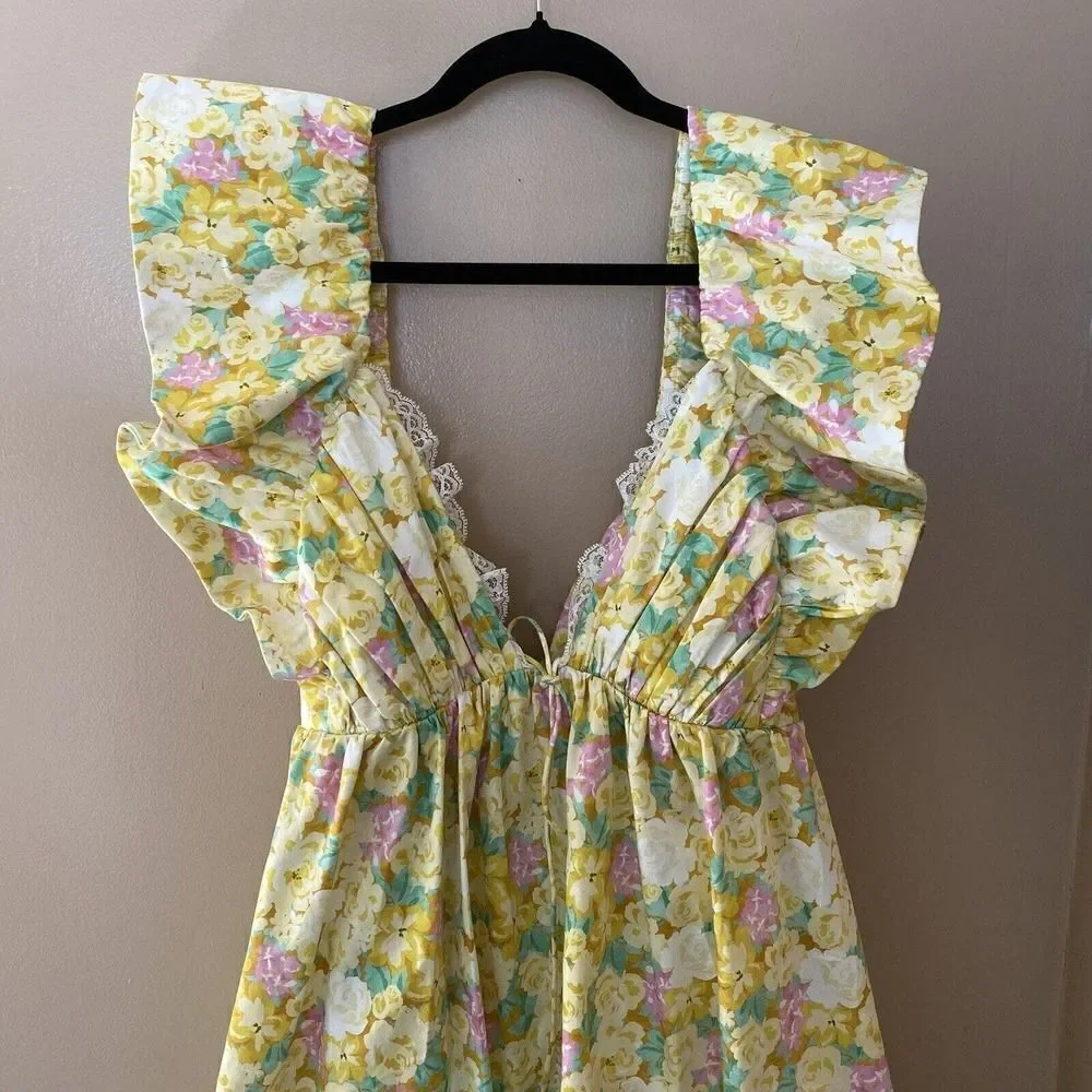 For Love & Lemons Tamra Yellow Floral Cotton Mini Dress Size 1X NWT $248